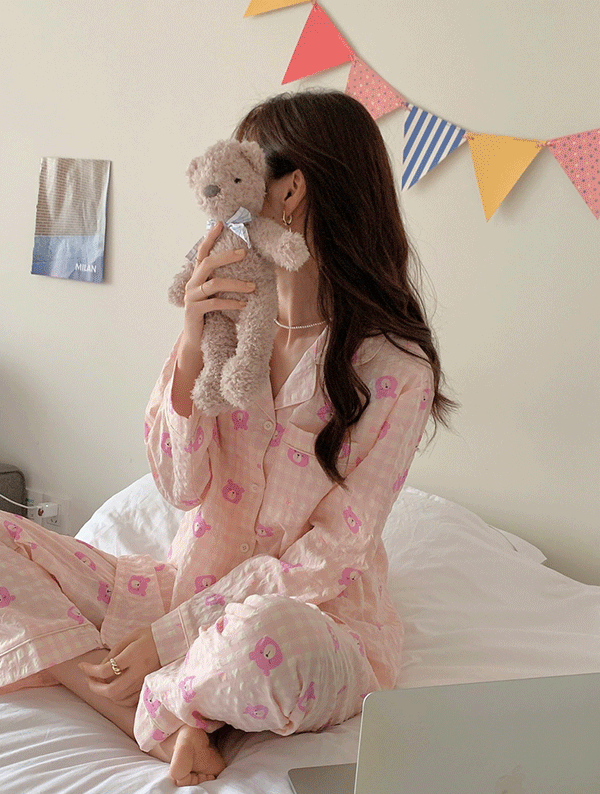 핑크블루 곰돌이 잠옷 세트_V0038 봄 여름 여성 원피스잠옷 잠옷세트 파자마 수면잠옷 편안한 귀여운 깜찍한 파자마파티 홈웨어