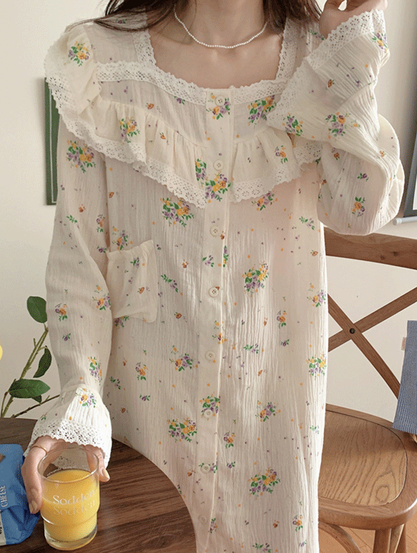 레이스 플로럴 원피스 잠옷 세트_V0047 봄 여름 여성 원피스잠옷 잠옷세트 파자마 수면잠옷 편안한 귀여운 깜찍한 파자마파티 홈웨어