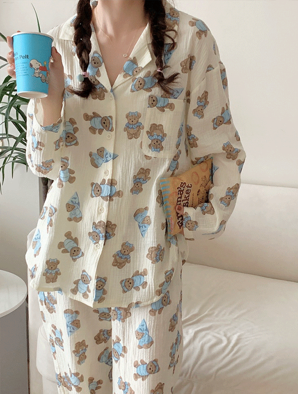 블루 곰돌이 잠옷 세트_V0043 봄 여름 여성 원피스잠옷 잠옷세트 파자마 수면잠옷 편안한 귀여운 깜찍한 파자마파티 홈웨어
